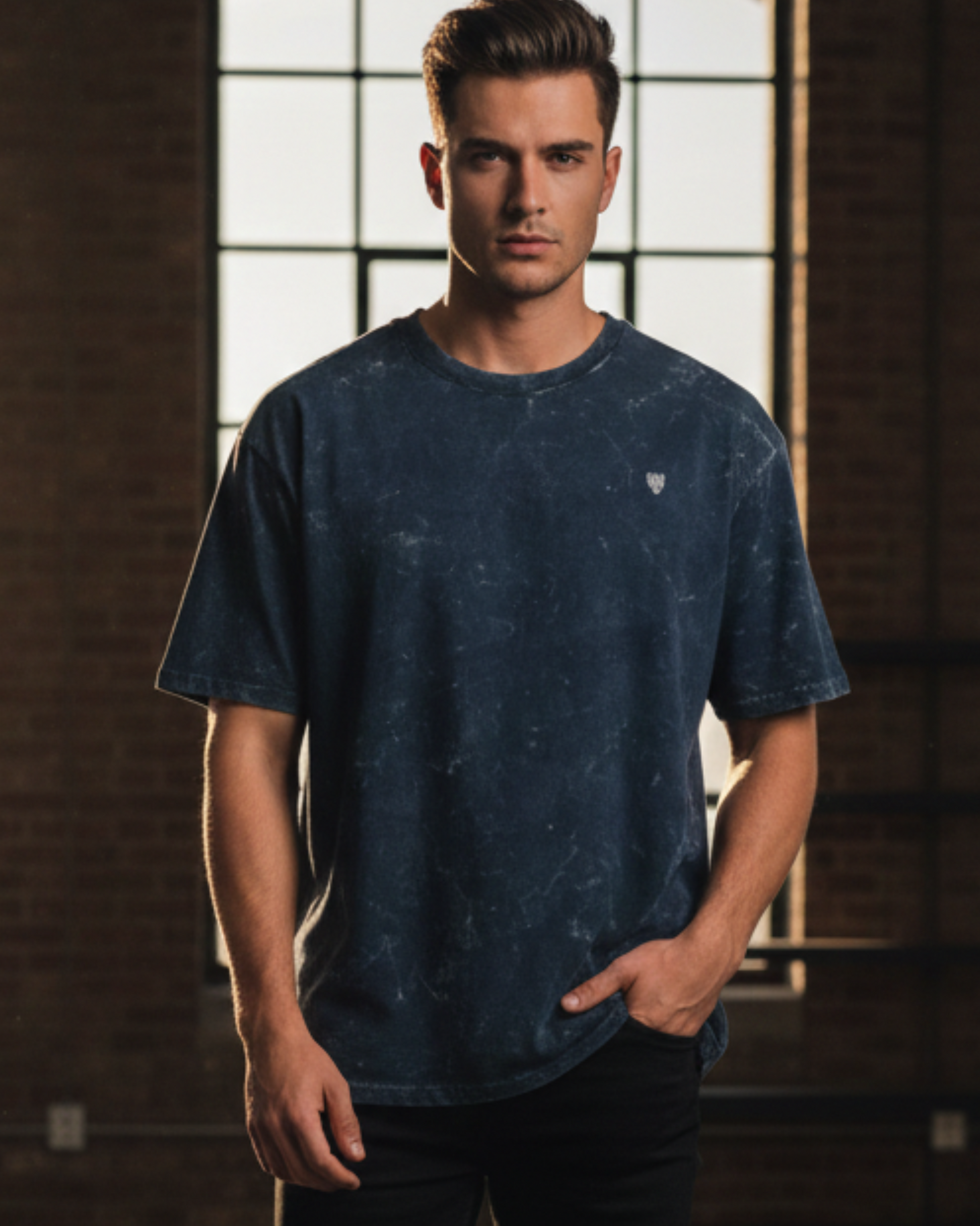 Navy Blue Acid Washed Oversized Tee t-shirt oversized fit acid washed cotton fabric heavyweight fabric detail view by HAViT Apparel