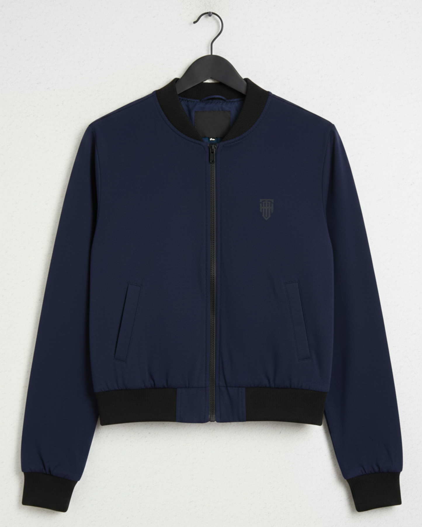 Dark Navy Elegant Women’s Bomber jacket regular fit heavyweight fabric printed design detail view by HAViT Apparel