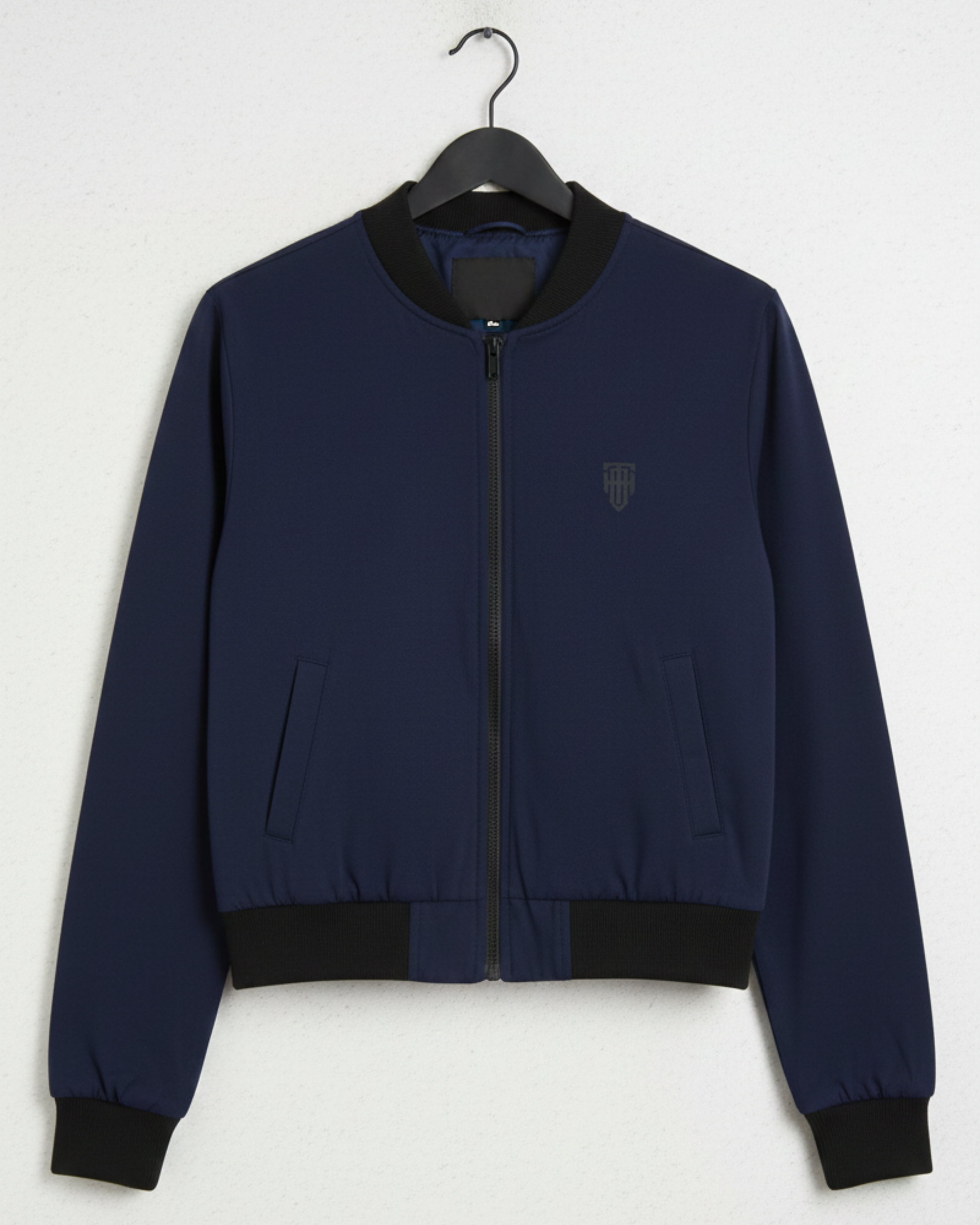 Dark Navy Elegant Women’s Bomber jacket regular fit heavyweight fabric printed design detail view by HAViT Apparel