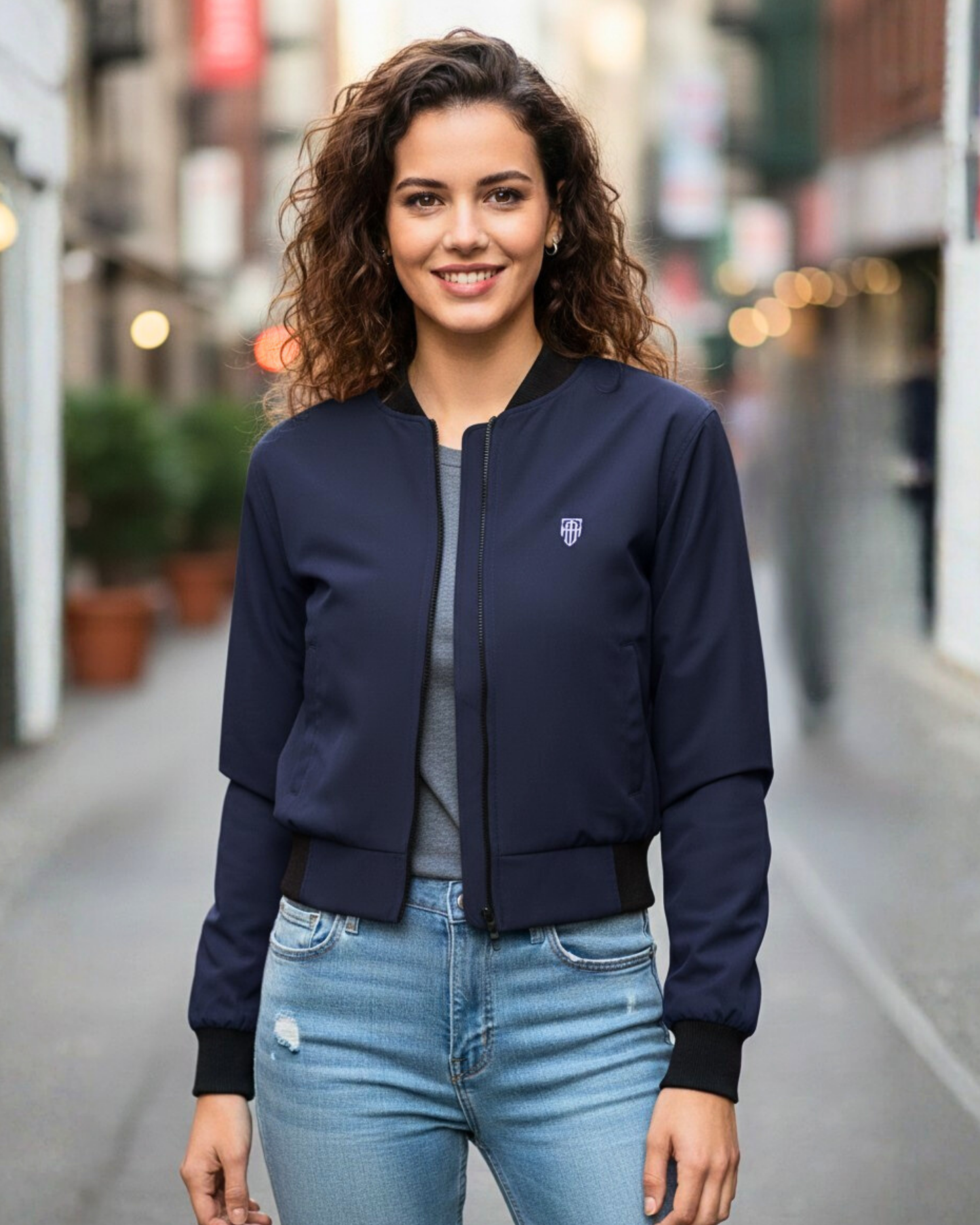Dark Navy Elegant Women’s Bomber jacket regular fit heavyweight fabric printed design detail view by HAViT Apparel