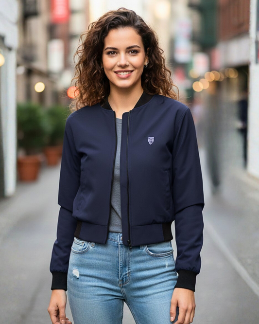 Dark Navy Elegant Women’s Bomber jacket regular fit heavyweight fabric printed design detail view by HAViT Apparel