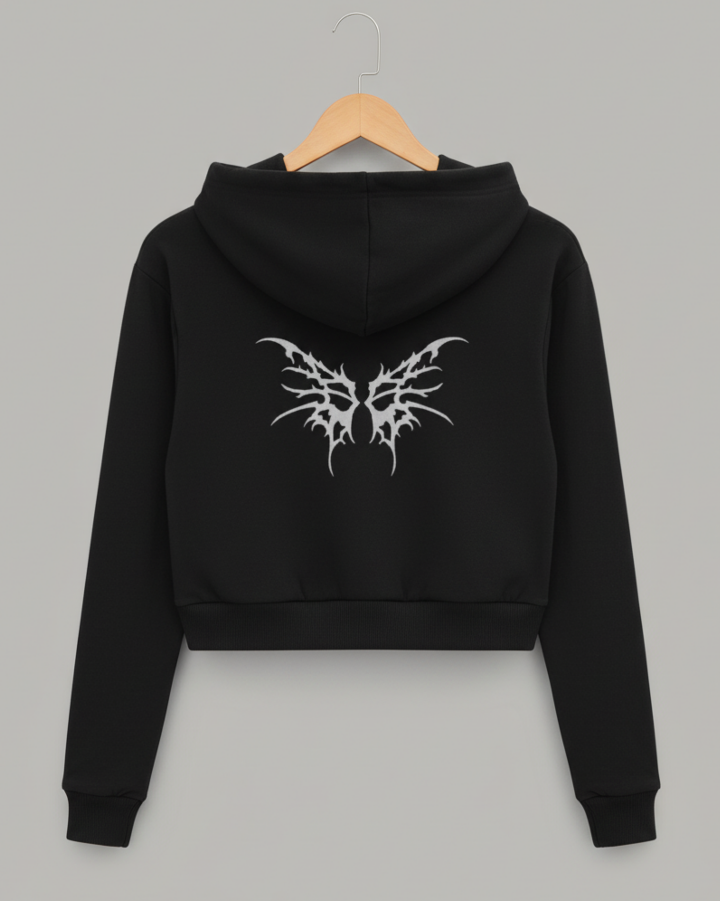 Butterfly Cropped Hoodie – Back Graphic Print hoodie cotton fabric heavyweight fabric graphic print printed design detail view by HAViT Apparel