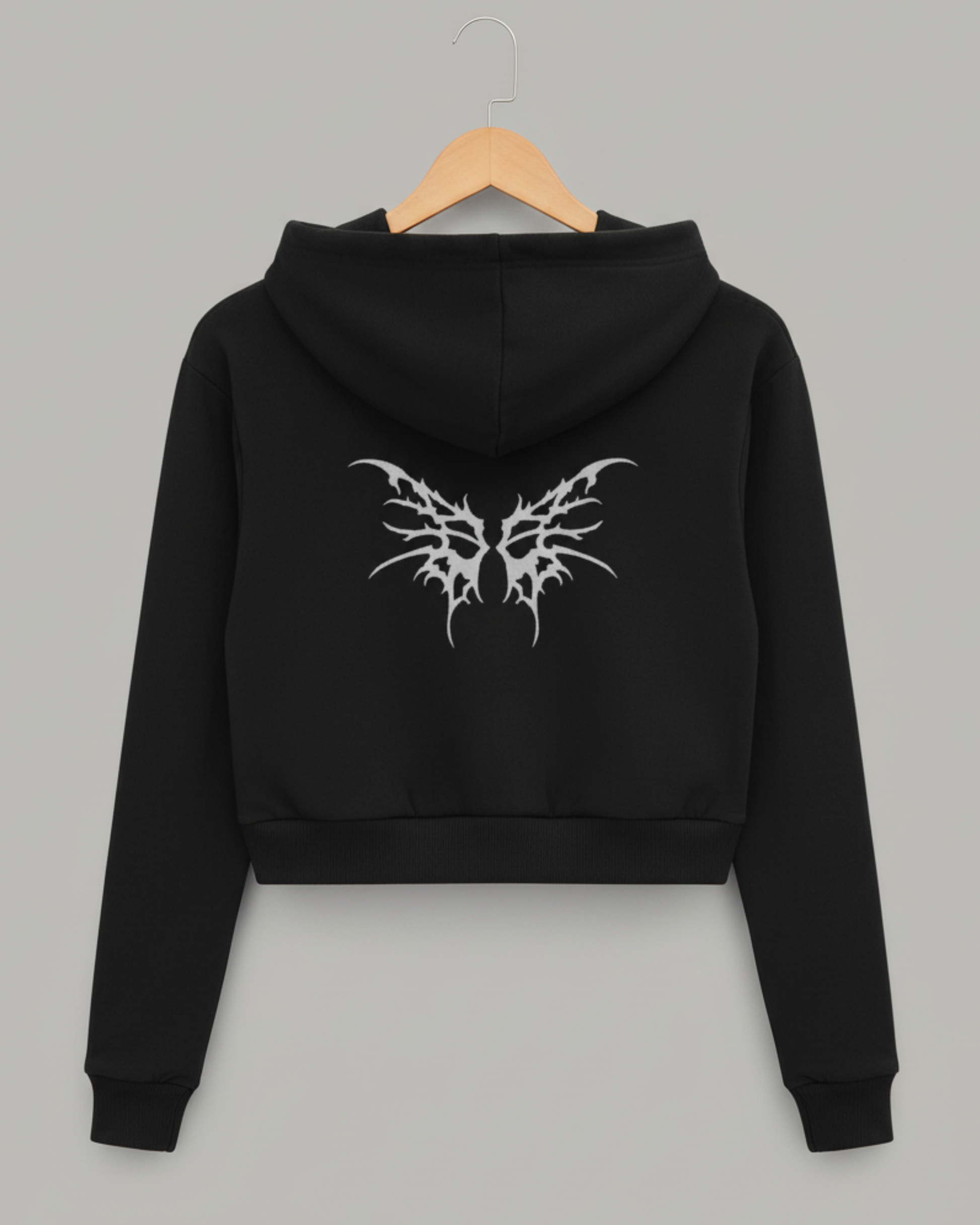 Butterfly Cropped Hoodie – Back Graphic Print hoodie cotton fabric heavyweight fabric graphic print printed design detail view by HAViT Apparel