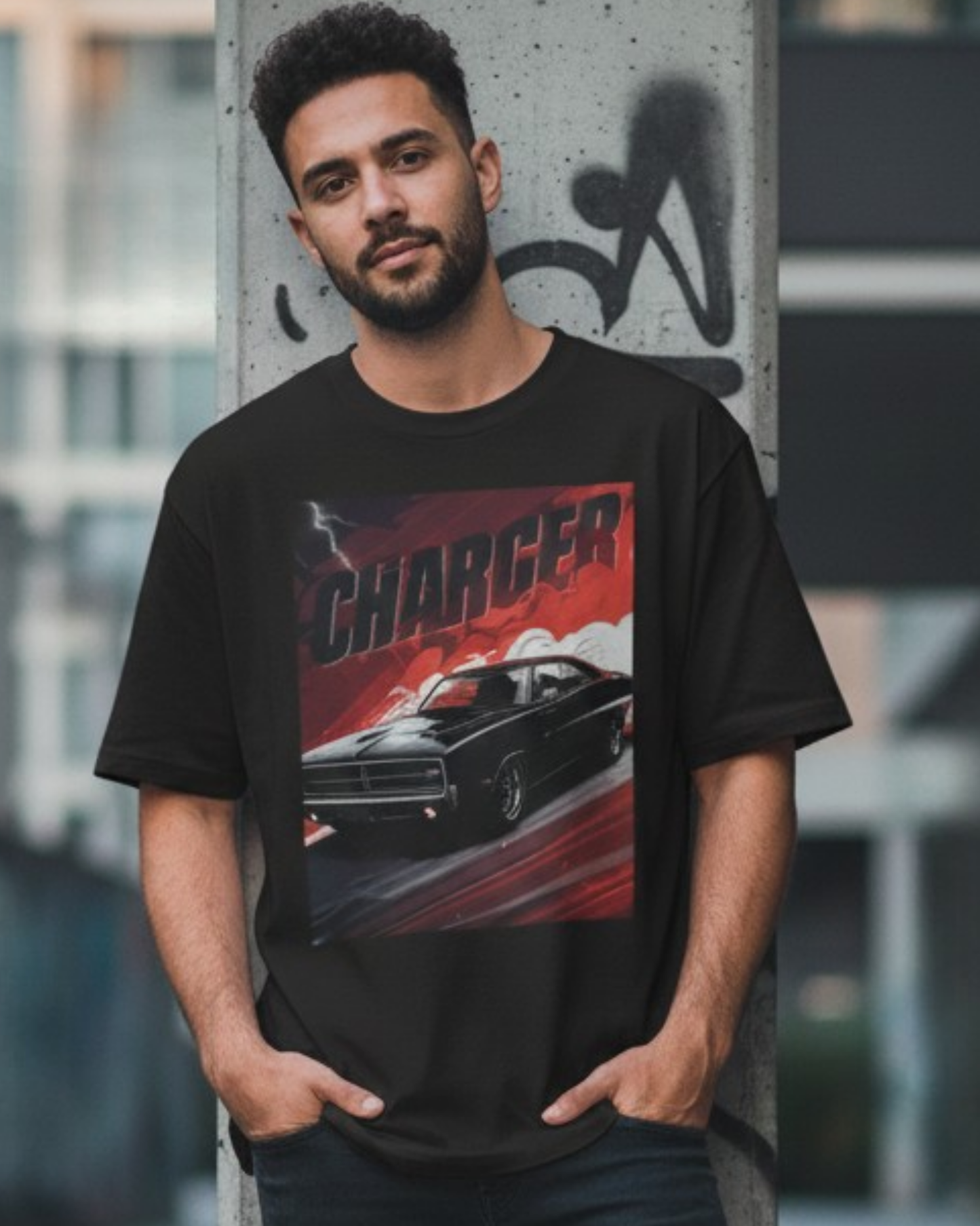 Crimson Charger Drift Oversized Terry Tshirt oversized fit cotton fabric heavyweight fabric graphic print printed design detail view by HAViT Apparel