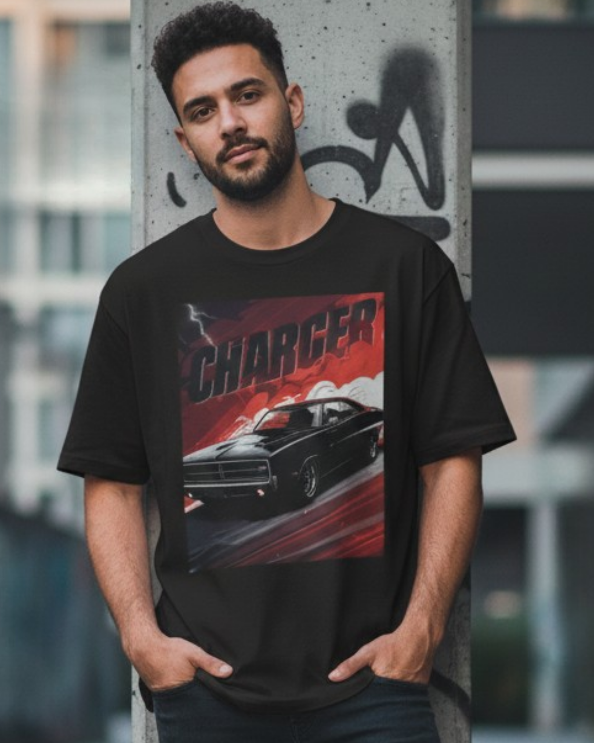 Crimson Charger Drift Oversized Terry Tshirt oversized fit cotton fabric heavyweight fabric graphic print printed design detail view by HAViT Apparel