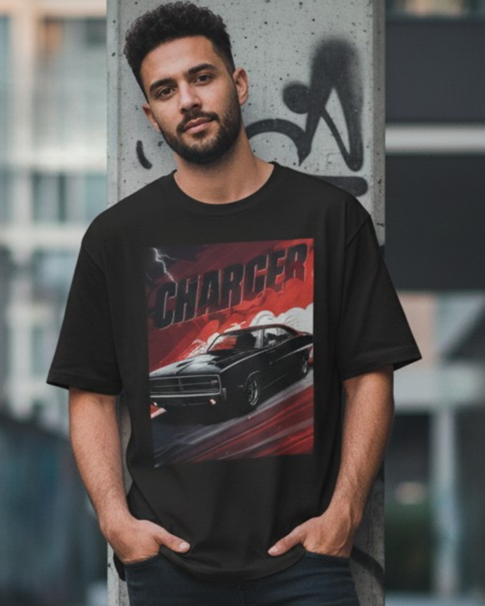 Crimson Charger Drift Oversized Terry Tshirt oversized fit cotton fabric heavyweight fabric graphic print printed design detail view by HAViT Apparel