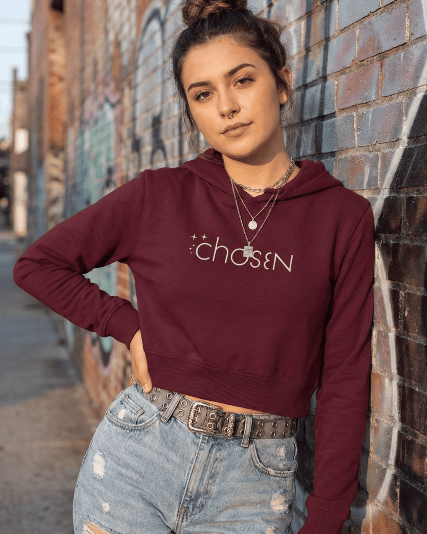 Chosen Cropped Hoodie – Bold Graphic Print hoodie cotton fabric heavyweight fabric graphic print printed design detail view by HAViT Apparel