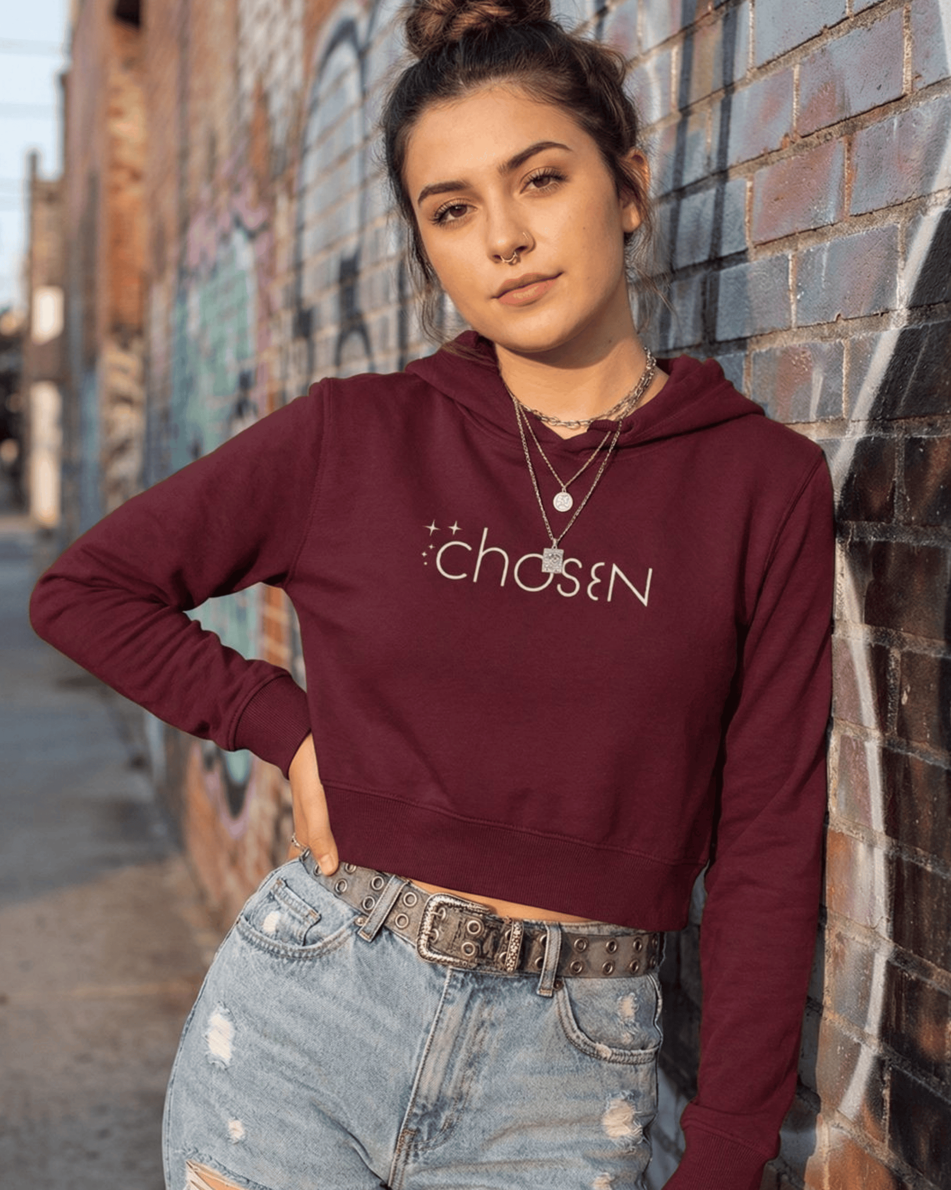 Chosen Cropped Hoodie – Bold Graphic Print hoodie cotton fabric heavyweight fabric graphic print printed design detail view by HAViT Apparel