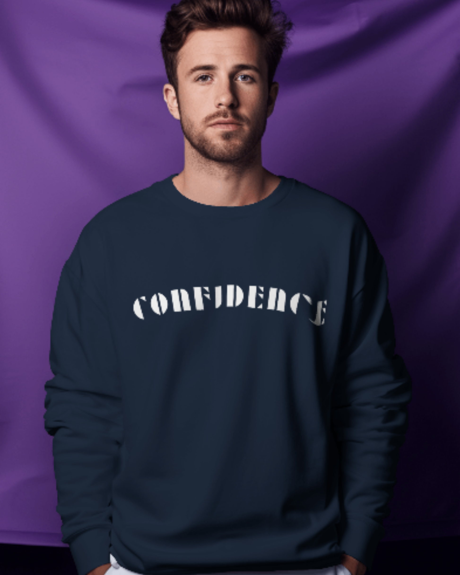 Men’s Oversized Confidence Typography Sweatshirt sweatshirt oversized fit cotton fabric heavyweight fabric graphic print printed design detail view by HAViT Apparel