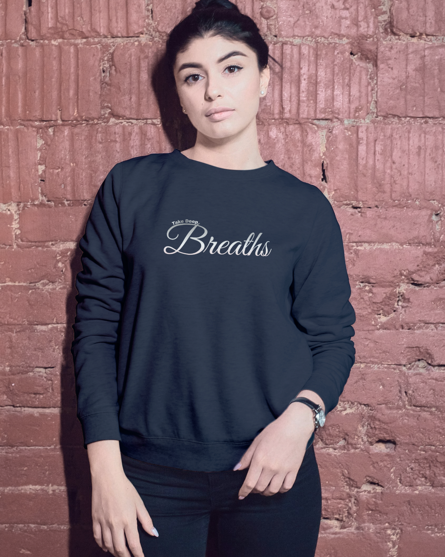 Take Deep Breaths Women Sweatshirt – Calm & Minimal Edition sweatshirt regular fit cotton fabric heavyweight fabric printed design detail view by HAViT Apparel