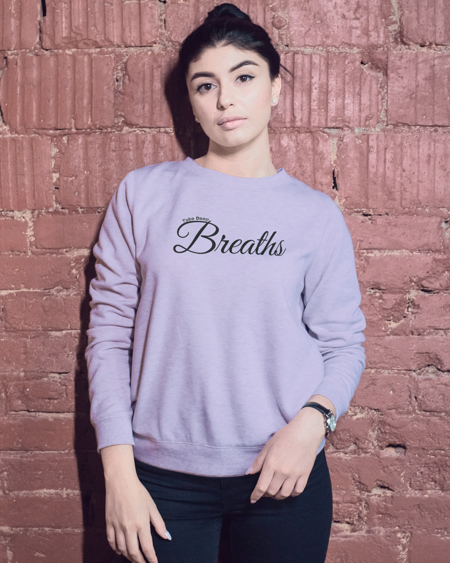 Take Deep Breaths Women Sweatshirt – Calm & Minimal Edition sweatshirt regular fit cotton fabric heavyweight fabric printed design detail view by HAViT Apparel
