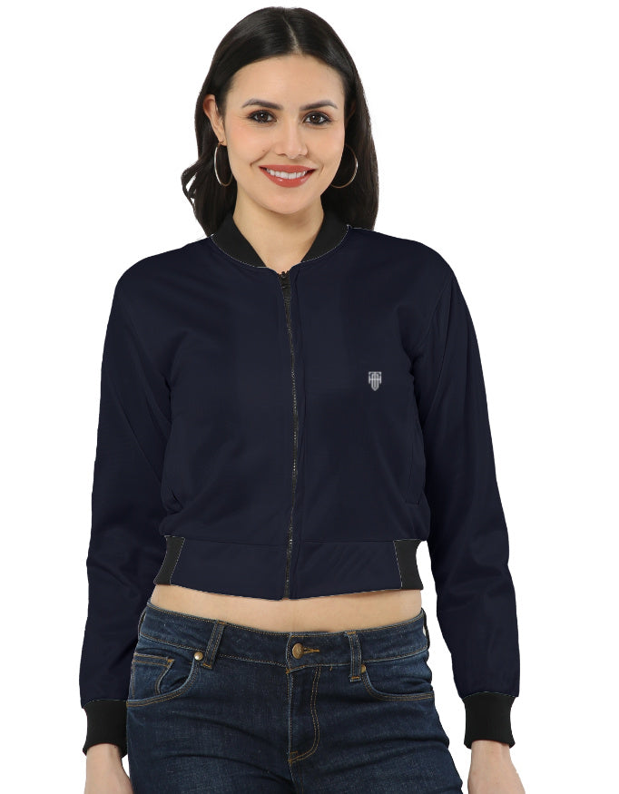 Dark Navy Elegant Women’s Bomber jacket regular fit heavyweight fabric printed design detail view by HAViT Apparel