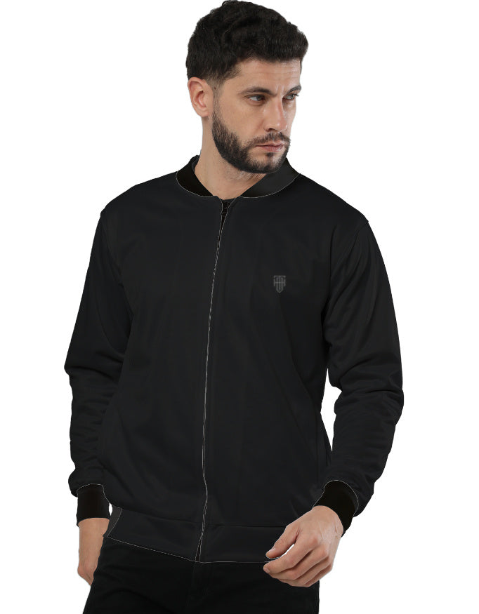 Jet Black Bomber Jacket – Premium Poly Fleece jacket regular fit heavyweight fabric printed design detail view by HAViT Apparel