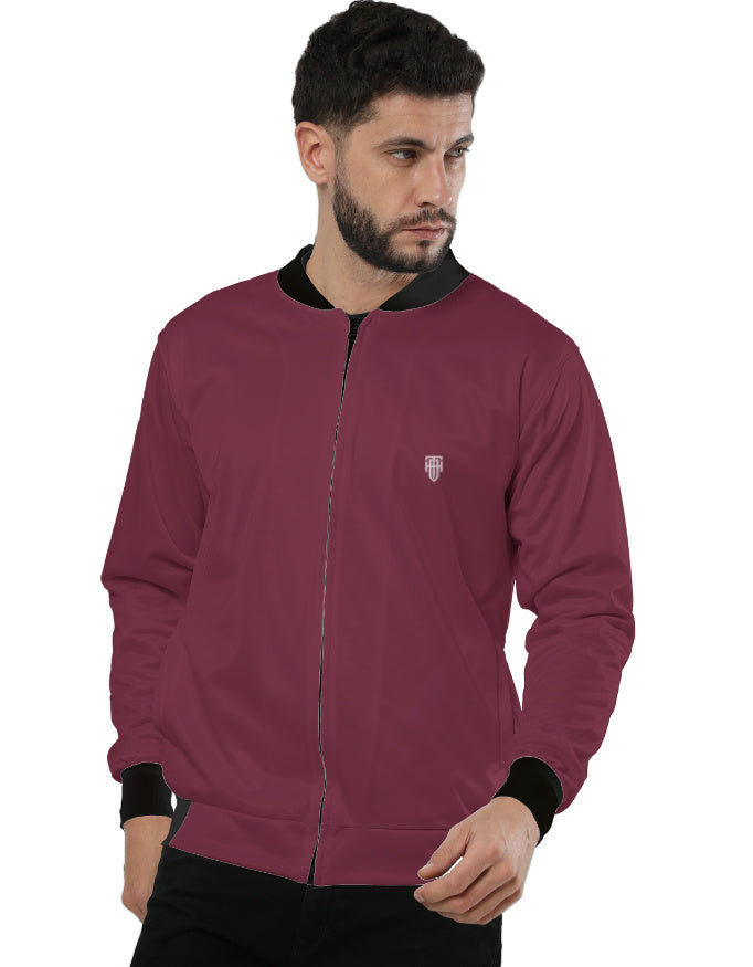 Crimson Burgundy Bomber Jacket – Premium Brushed Fleece jacket regular fit heavyweight fabric printed design detail view by HAViT Apparel