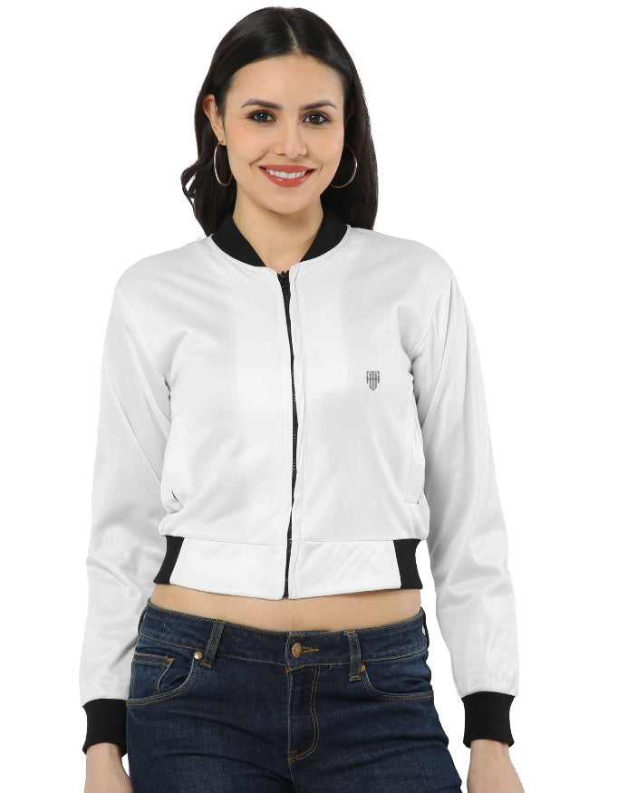 Women's Classic White Bomber Jacket jacket regular fit heavyweight fabric printed design detail view by HAViT Apparel