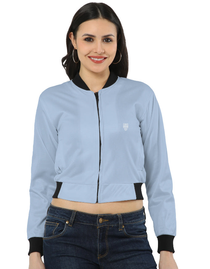 Soft Ice Blue Aesthetic Women’s Bomber jacket regular fit heavyweight fabric printed design detail view by HAViT Apparel