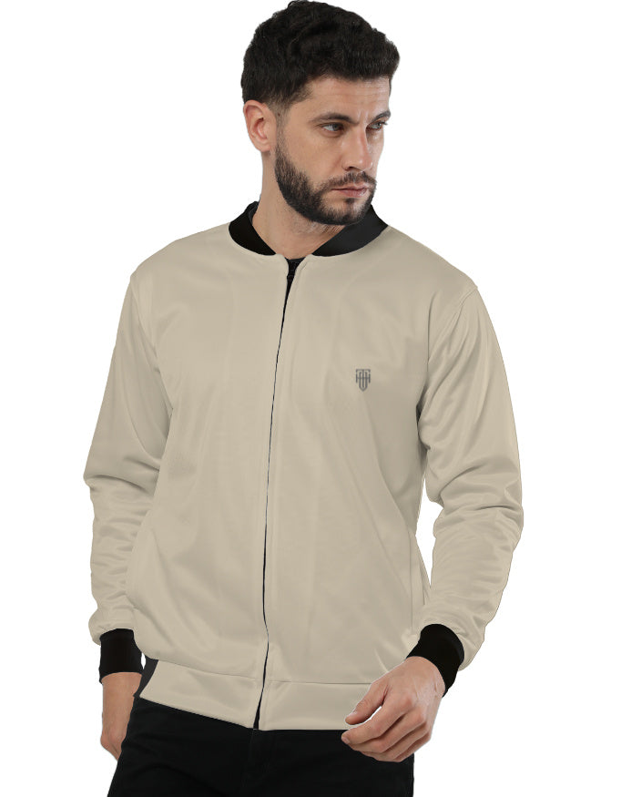 Beige Minimal Men's Bomber Jacket – Premium Fleece jacket regular fit heavyweight fabric printed design detail view by HAViT Apparel