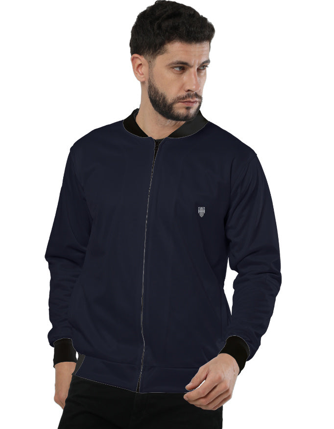 Deep Space Navy Bomber Jacket – Premium Warm Fleece jacket regular fit heavyweight fabric printed design detail view by HAViT Apparel