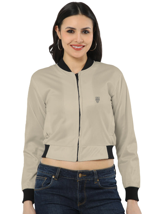 Soft Beige Minimal Women’s Bomber jacket regular fit heavyweight fabric printed design detail view by HAViT Apparel