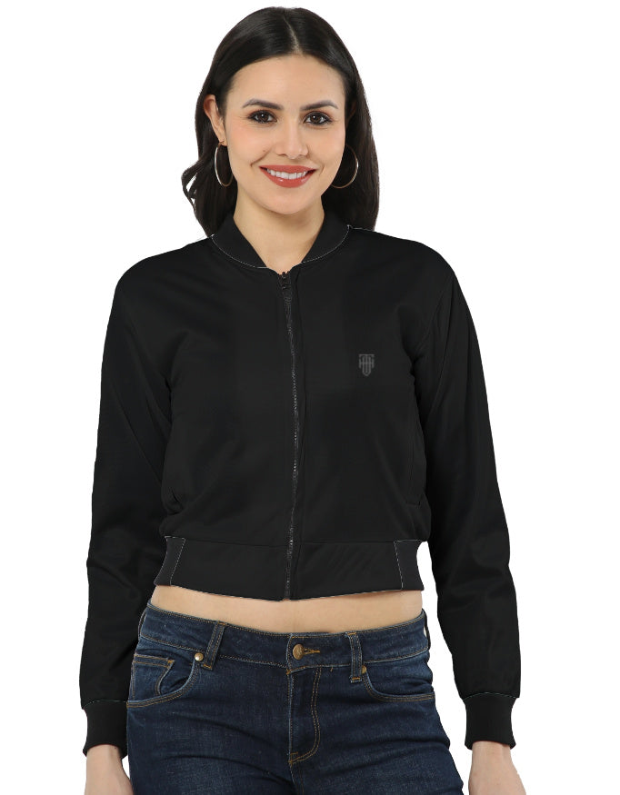 Midnight Jet Black Women’s Bomber Jacket jacket regular fit heavyweight fabric printed design detail view by HAViT Apparel