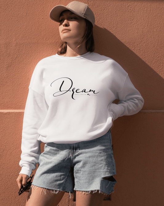 Minimal Oversized Women’s Sweatshirt – Dream Graphic Dark Edition sweatshirt oversized fit cotton fabric heavyweight fabric graphic print printed design detail view by HAViT Apparel