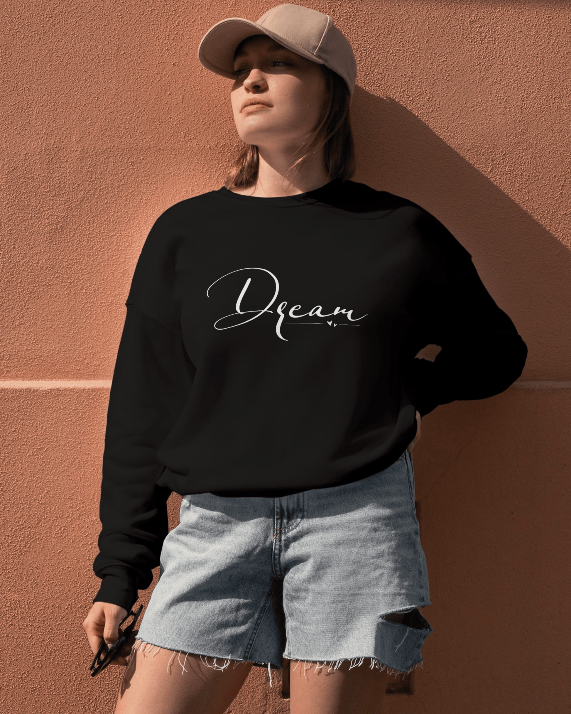Minimal Oversized Women’s Sweatshirt – Dream Graphic sweatshirt oversized fit cotton fabric heavyweight fabric graphic print printed design detail view by HAViT Apparel