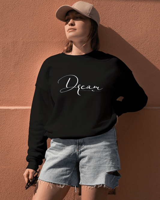 Minimal Oversized Women’s Sweatshirt – Dream Graphic sweatshirt oversized fit cotton fabric heavyweight fabric graphic print printed design detail view by HAViT Apparel