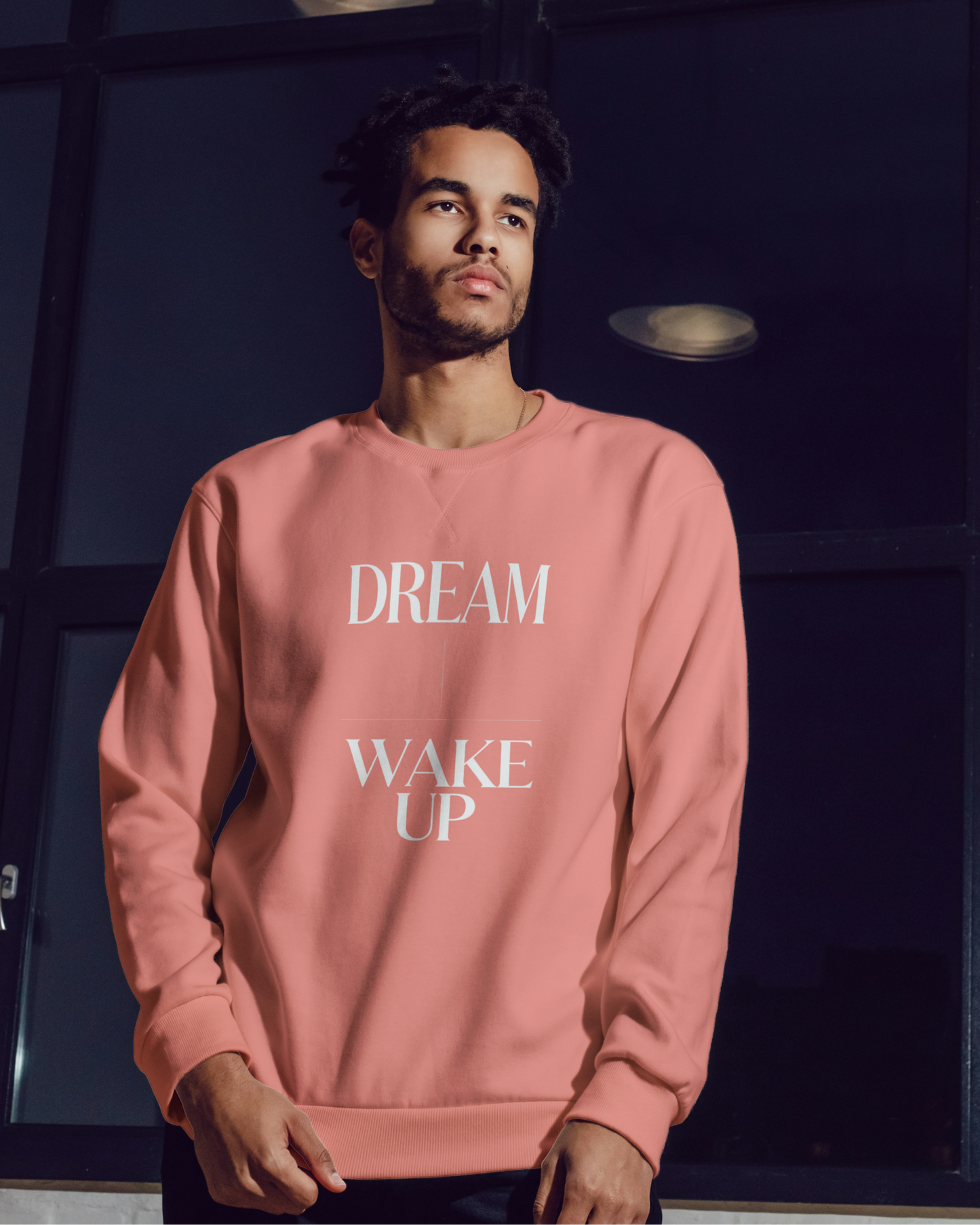 Dream Wakeup Sweatshirt – Minimal Motivation Edition sweatshirt regular fit cotton fabric heavyweight fabric printed design detail view by HAViT Apparel
