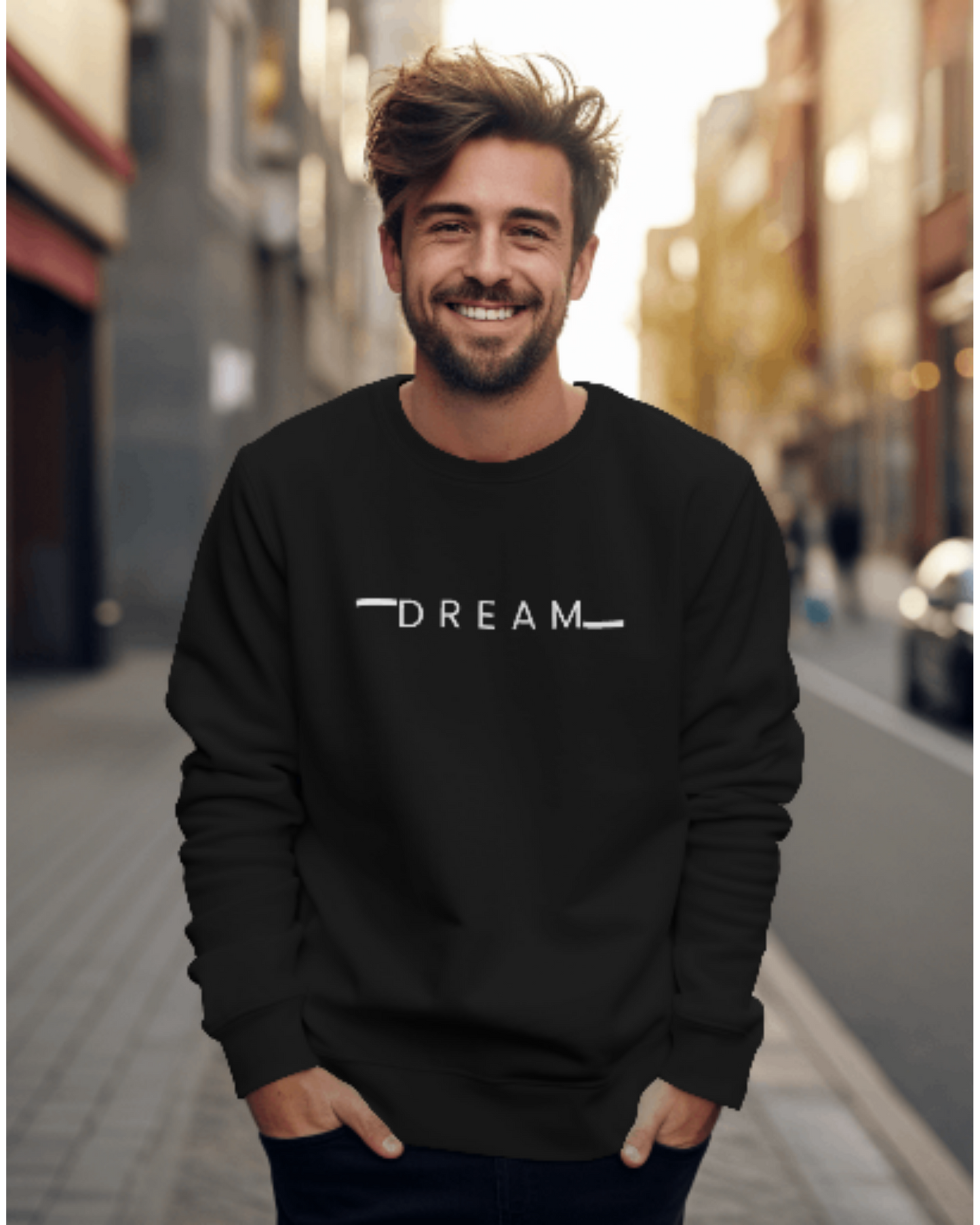 Men’s DREAM Text Sweatshirt – Cozy Casual Wear sweatshirt regular fit cotton fabric heavyweight fabric printed design detail view by HAViT Apparel
