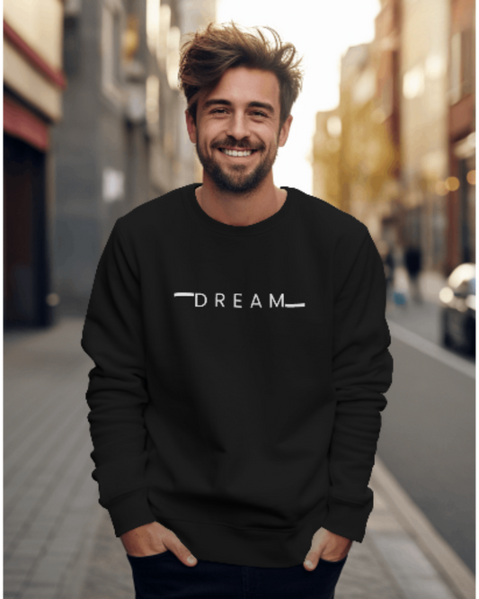 Men’s DREAM Text Sweatshirt – Cozy Casual Wear sweatshirt regular fit cotton fabric heavyweight fabric printed design detail view by HAViT Apparel