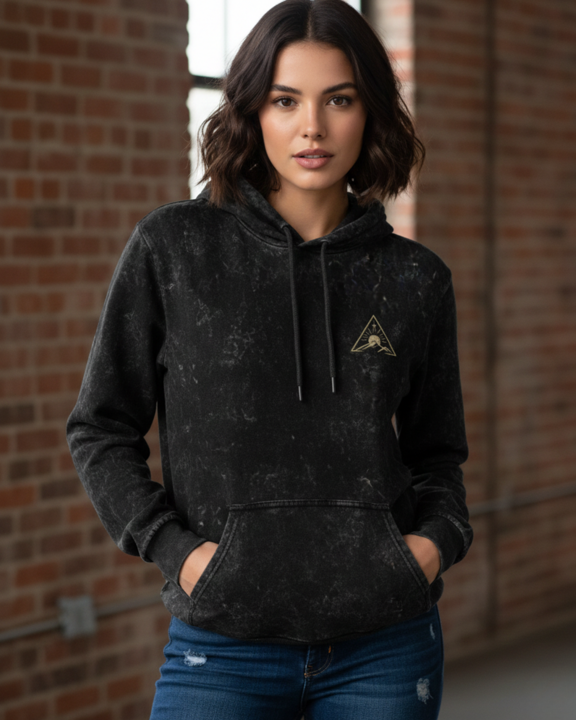 Eclipse Rise Acid Wash Hoodie hoodie oversized fit acid washed cotton fabric heavyweight fabric graphic print printed design detail view by HAViT Apparel