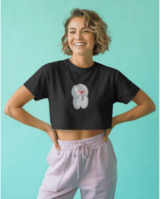 Groovy Smiley Crop Top cotton fabric heavyweight fabric detail view by HAViT Apparel