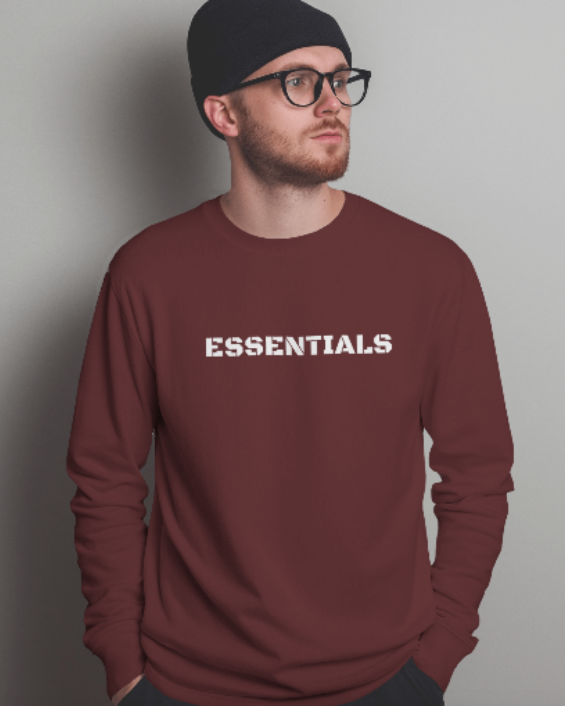 Men’s Bold Essentials Sweatshirt – Trendy Winter Essentials sweatshirt regular fit cotton fabric heavyweight fabric printed design detail view by HAViT Apparel