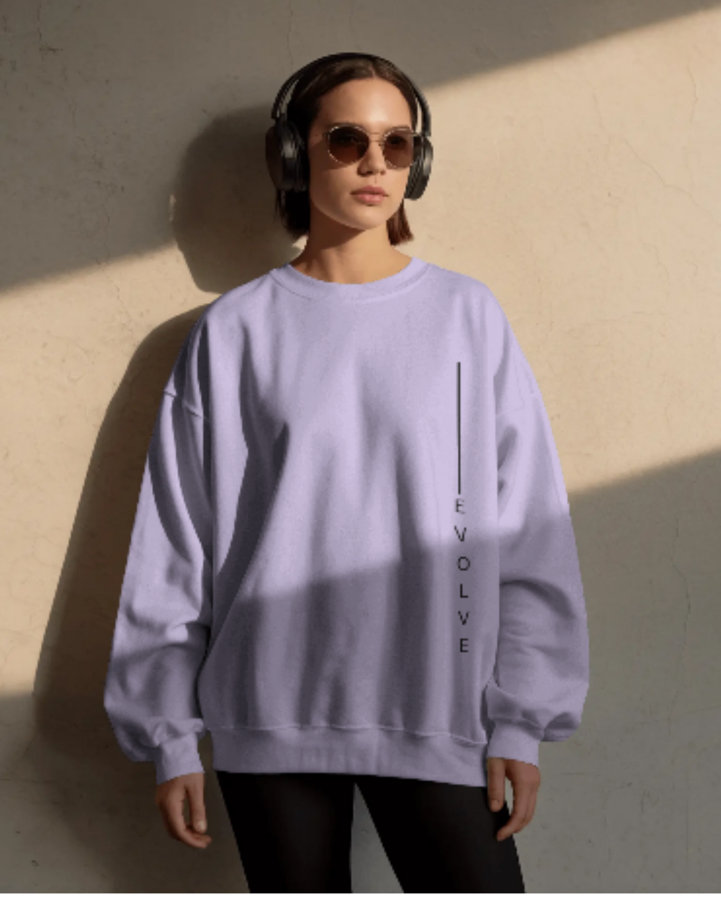 Premium Oversized Sweatshirt with EVOLVE Vertical Design Bold Edition sweatshirt oversized fit cotton fabric heavyweight fabric printed design detail view by HAViT Apparel