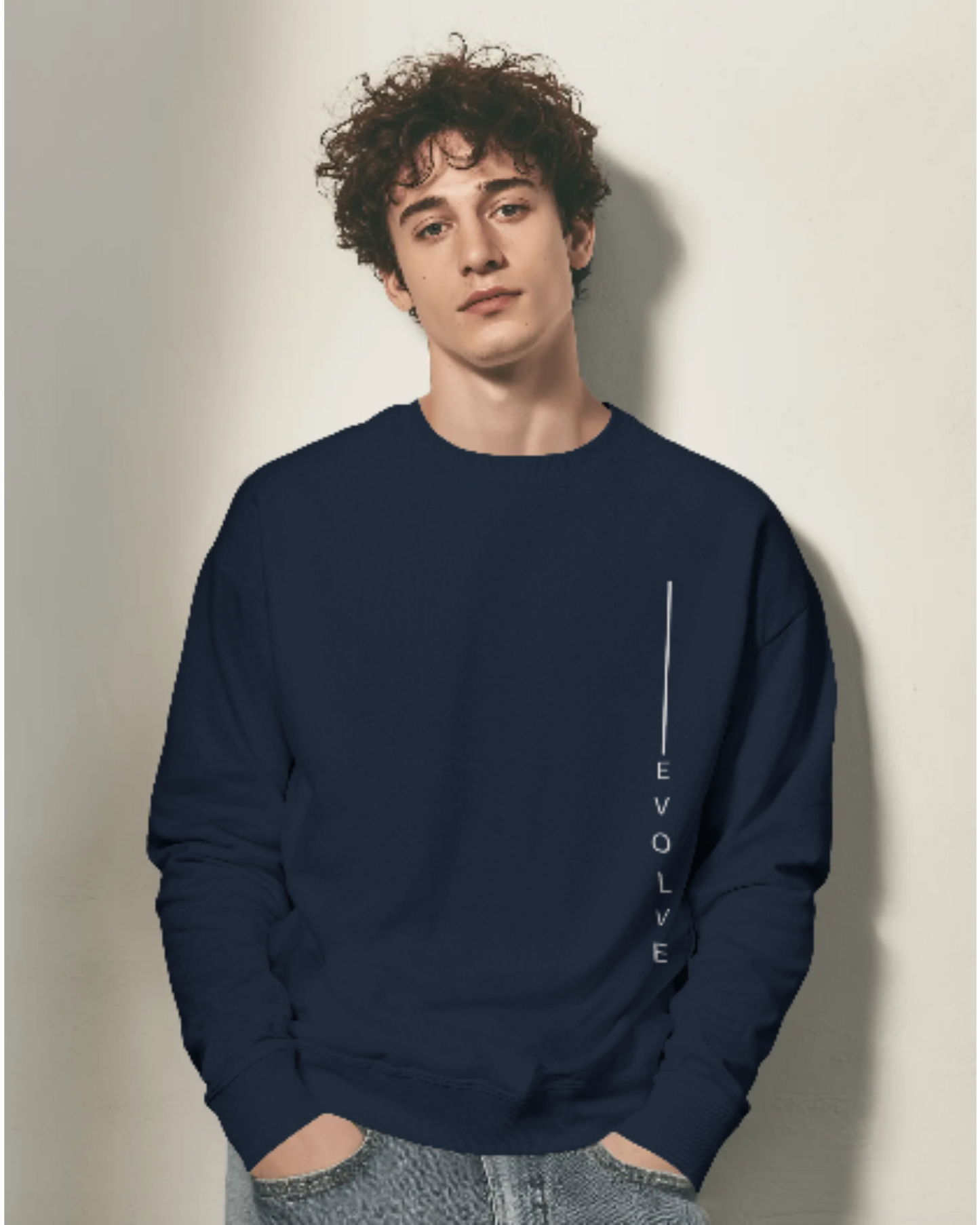 Premium Oversized Sweatshirt with EVOLVE Vertical Design sweatshirt oversized fit cotton fabric heavyweight fabric printed design detail view by HAViT Apparel