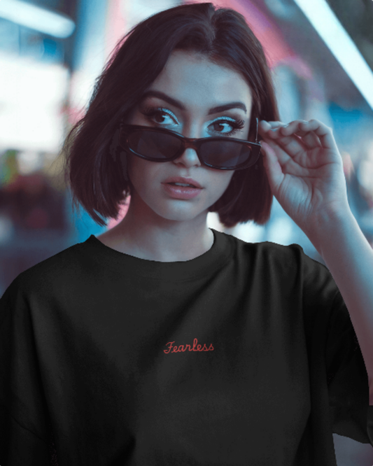 Fearless Attitude Women's Oversized Tee t-shirt oversized fit cotton fabric heavyweight fabric embroidered design detail view by HAViT Apparel