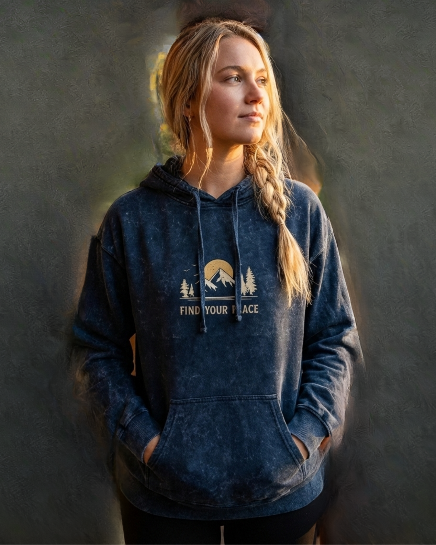 Find Your Peace- Acid Washed Hoodie hoodie oversized fit acid washed cotton fabric heavyweight fabric graphic print printed design detail view by HAViT Apparel