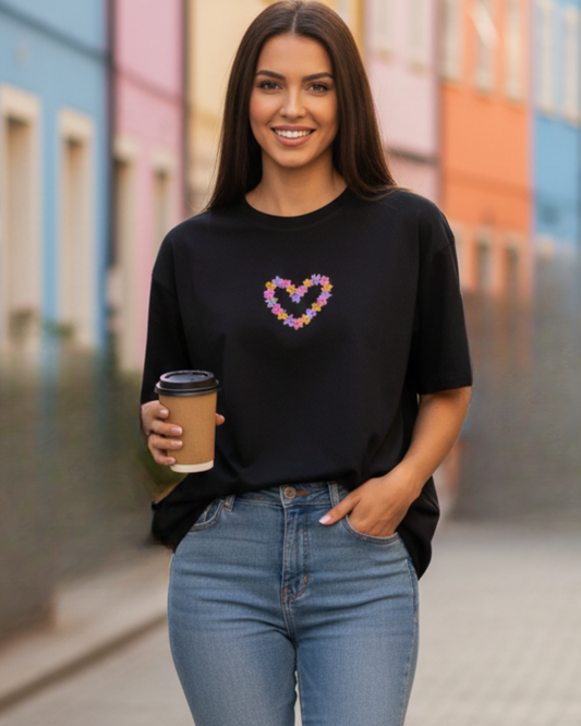 Floral Heart Statement Oversized T-Shirt t-shirt oversized fit cotton fabric heavyweight fabric embroidered design detail view by HAViT Apparel
