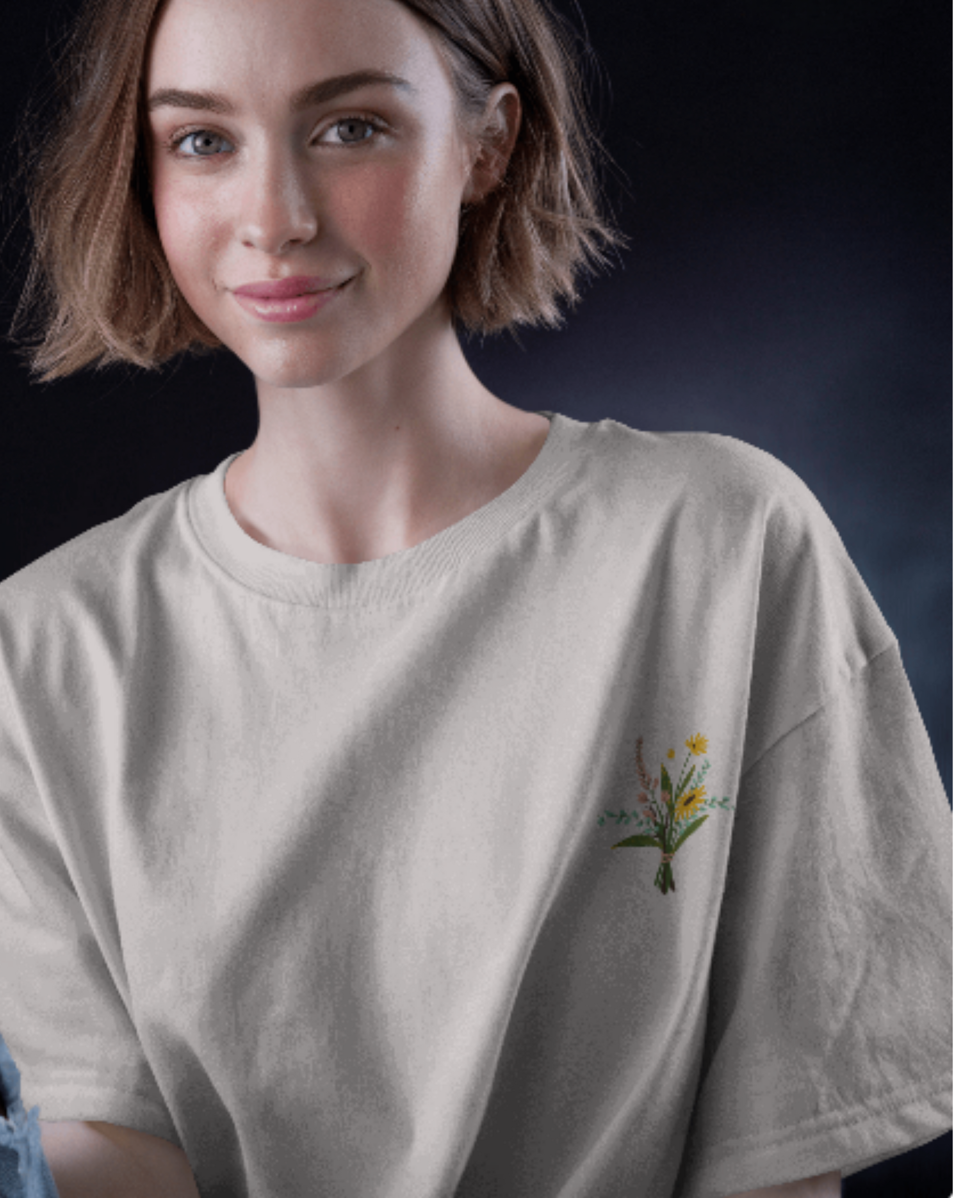 Soft Bloom Embroidered Women’s Tee t-shirt oversized fit cotton fabric heavyweight fabric embroidered design detail view by HAViT Apparel