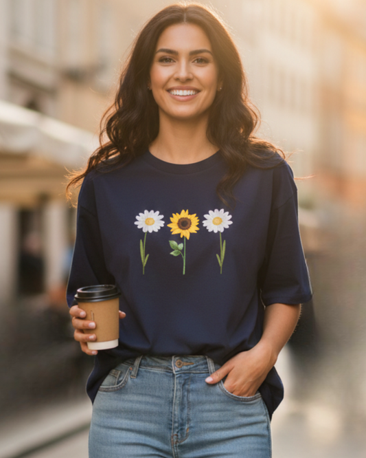 Sunny Daisy Floral Oversized Tee t-shirt oversized fit cotton fabric heavyweight fabric printed design detail view by HAViT Apparel