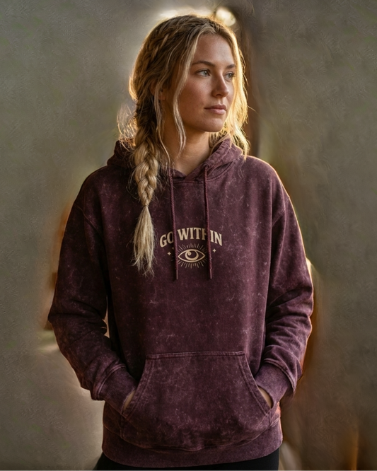 Go Within- Acid Washed Hoodie hoodie oversized fit acid washed cotton fabric heavyweight fabric printed design detail view by HAViT Apparel