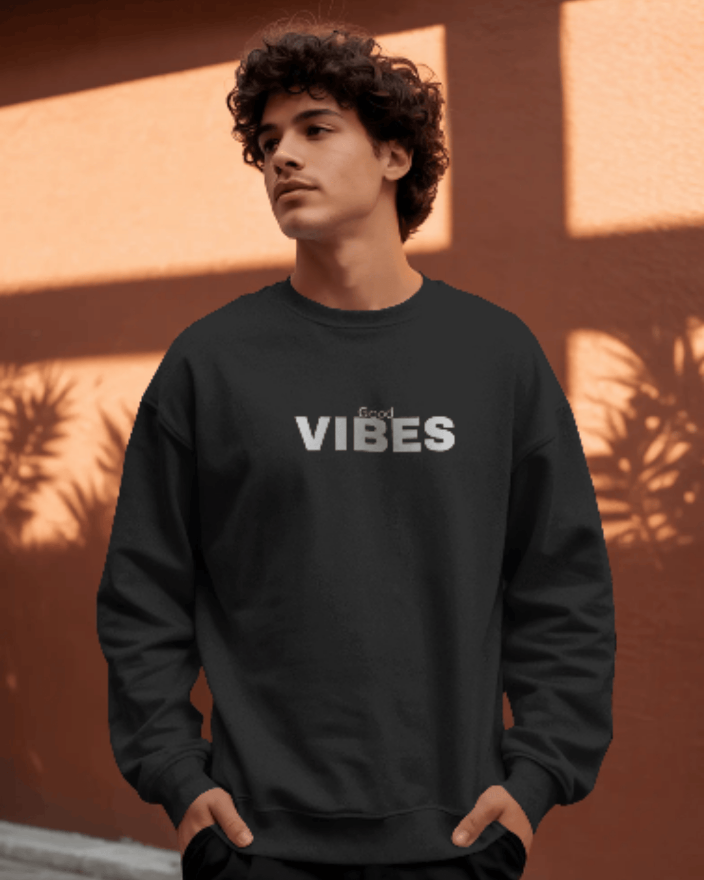 Good Vibes Oversized Men’s Sweatshirt sweatshirt oversized fit cotton fabric heavyweight fabric detail view by HAViT Apparel