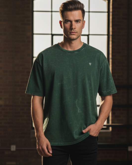 Bottle Green Acid Washed Oversized Tee t-shirt oversized fit acid washed cotton fabric heavyweight fabric detail view by HAViT Apparel