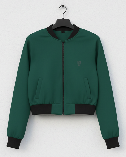 Forest Moss Green Women’s Bomber Jacket jacket regular fit heavyweight fabric printed design detail view by HAViT Apparel