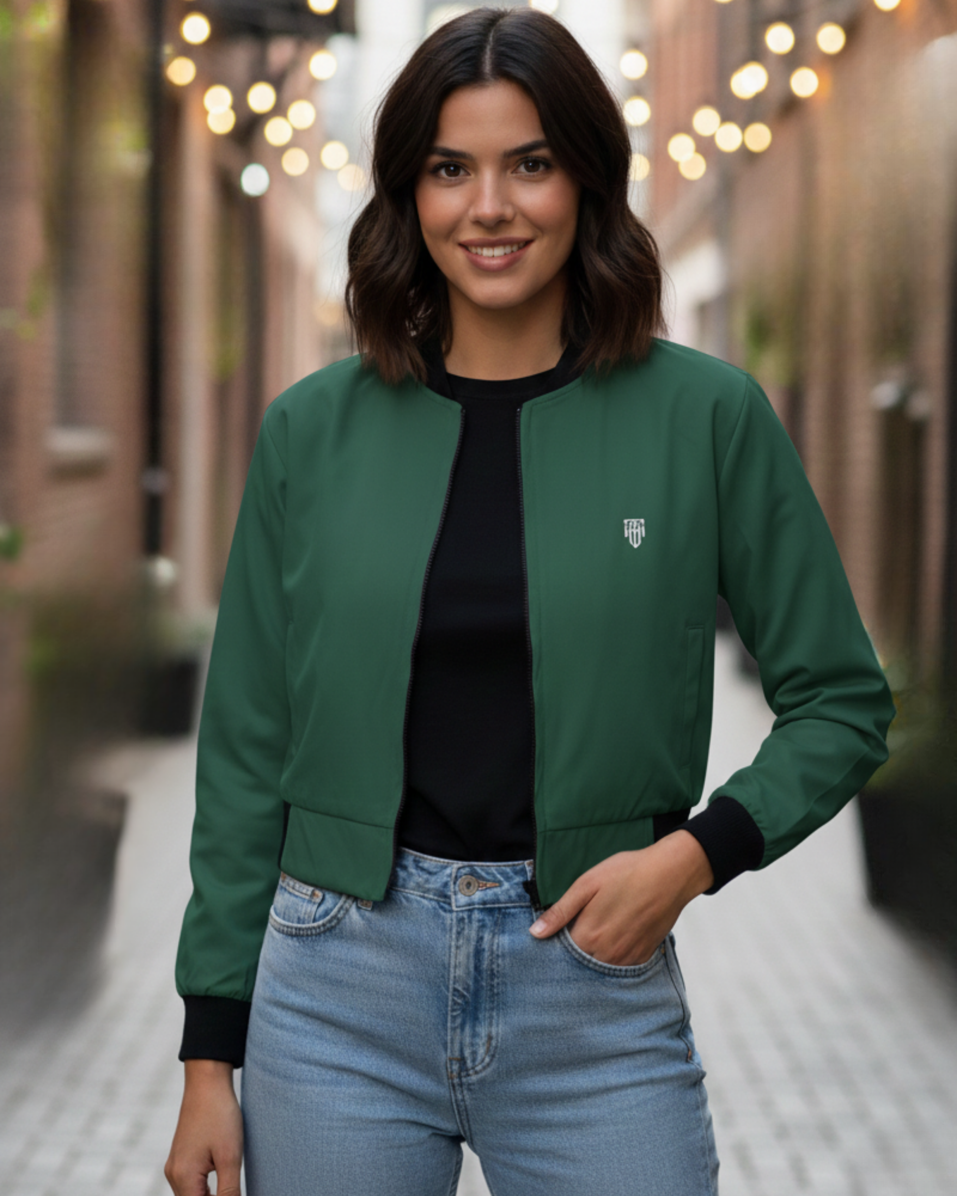 Forest Moss Green Women’s Bomber Jacket jacket regular fit heavyweight fabric printed design detail view by HAViT Apparel