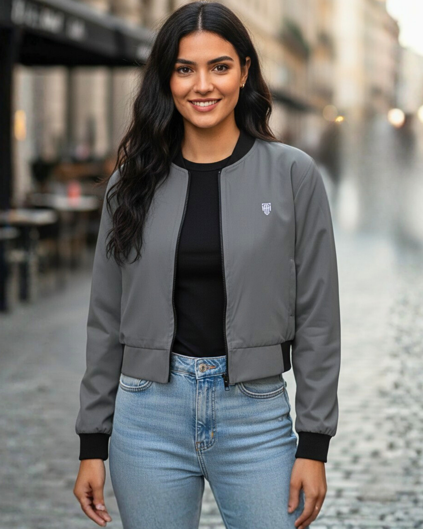 Urban Slate Grey Women’s Bomber Jacket jacket regular fit heavyweight fabric printed design detail view by HAViT Apparel