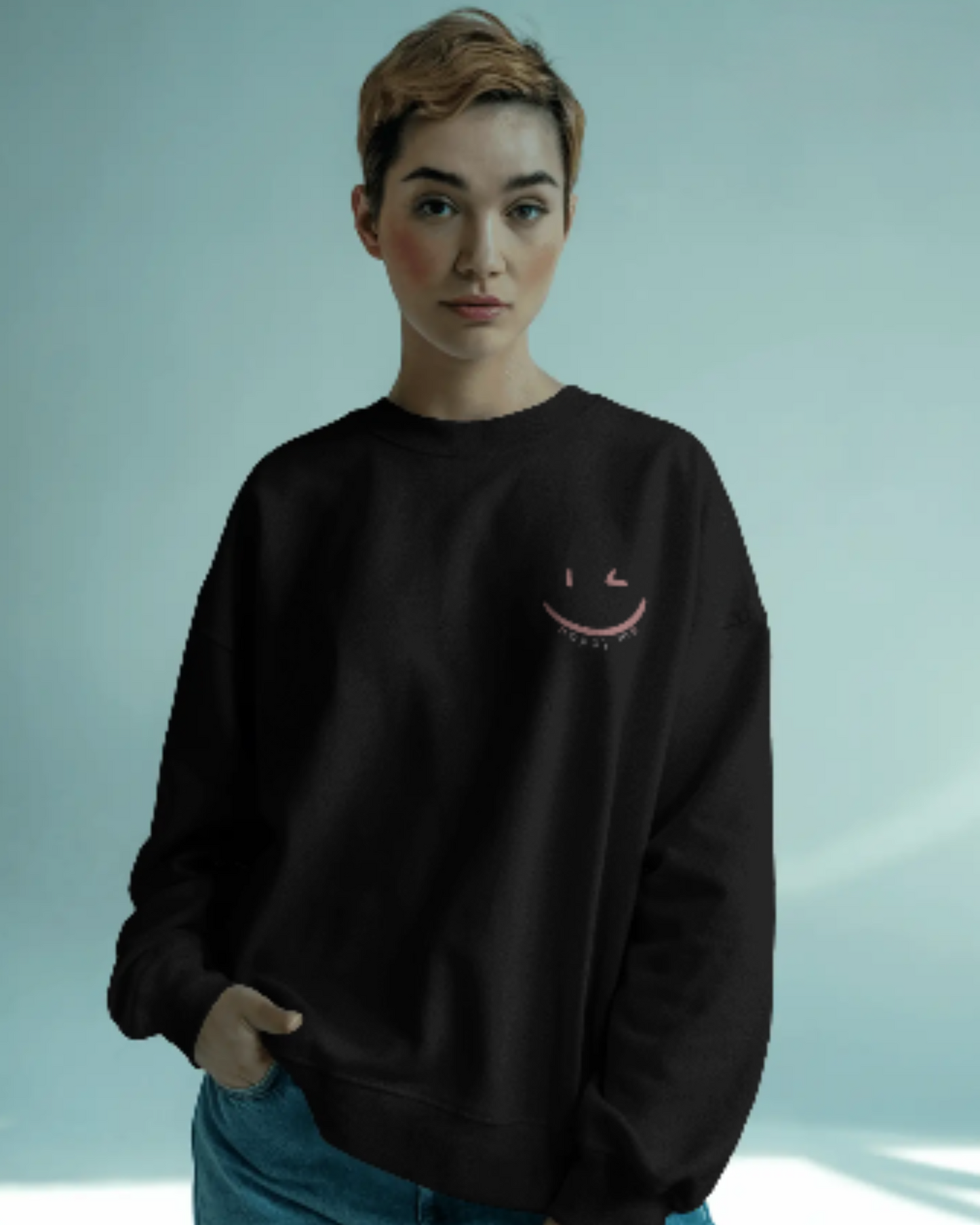 Happy Me Sweatshirt-Blackout Edition sweatshirt oversized fit cotton fabric heavyweight fabric printed design detail view by HAViT Apparel