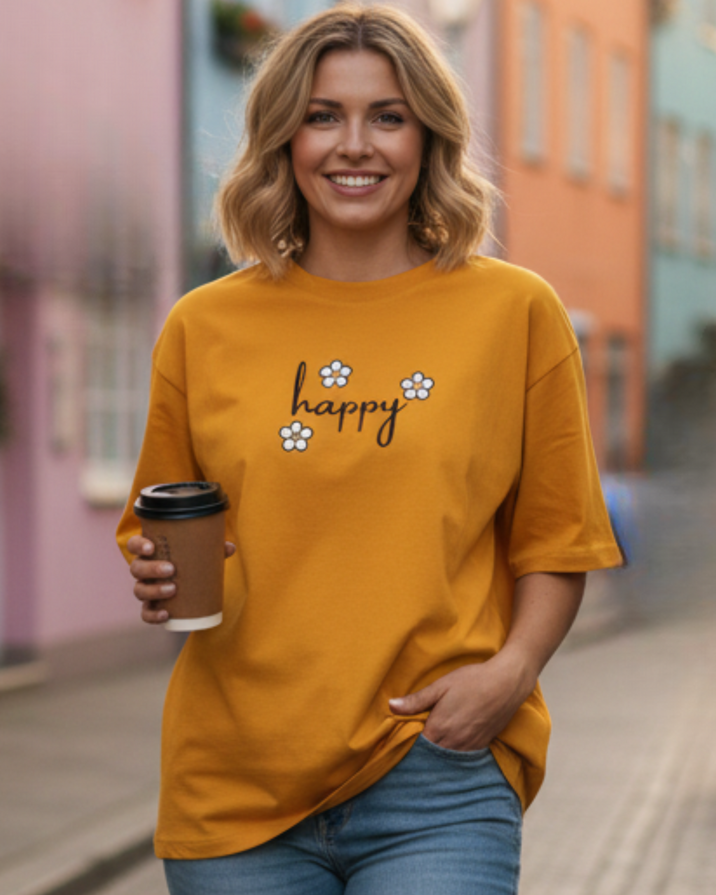 Happy Bloom Oversized Cotton Tee t-shirt oversized fit cotton fabric heavyweight fabric printed design detail view by HAViT Apparel