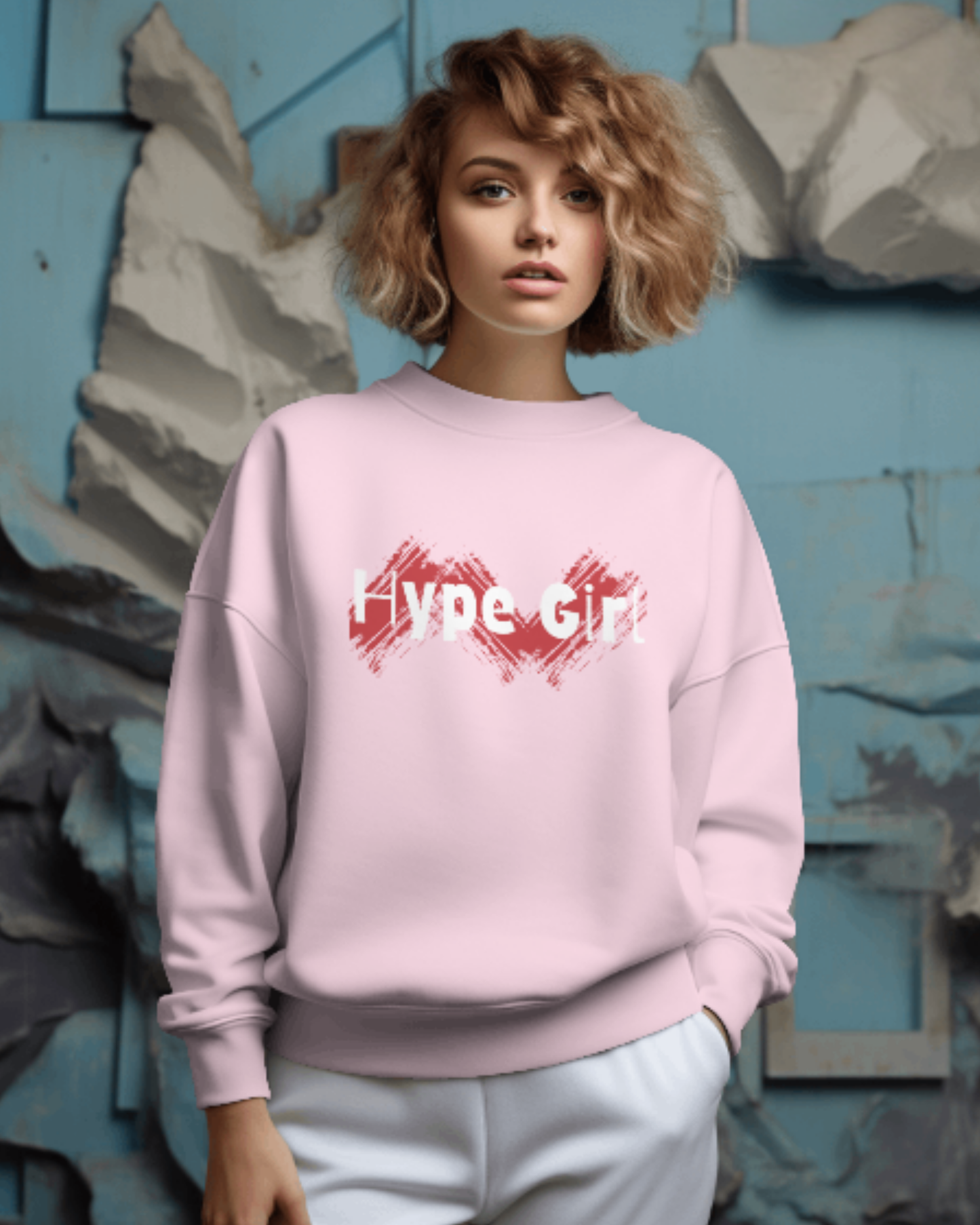 Aesthetic Oversized Women’s Sweatshirt – Hype Girl Graphic sweatshirt oversized fit cotton fabric heavyweight fabric printed design detail view by HAViT Apparel