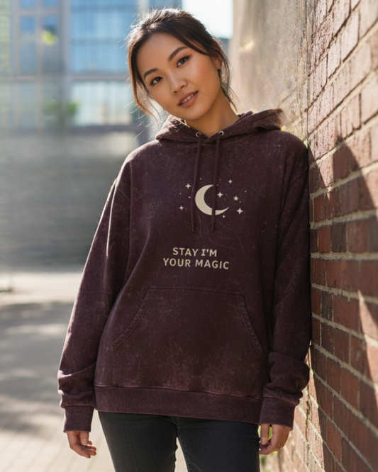 I'M Your Magic- Acid Washed Hoodie hoodie oversized fit acid washed cotton fabric heavyweight fabric graphic print printed design detail view by HAViT Apparel